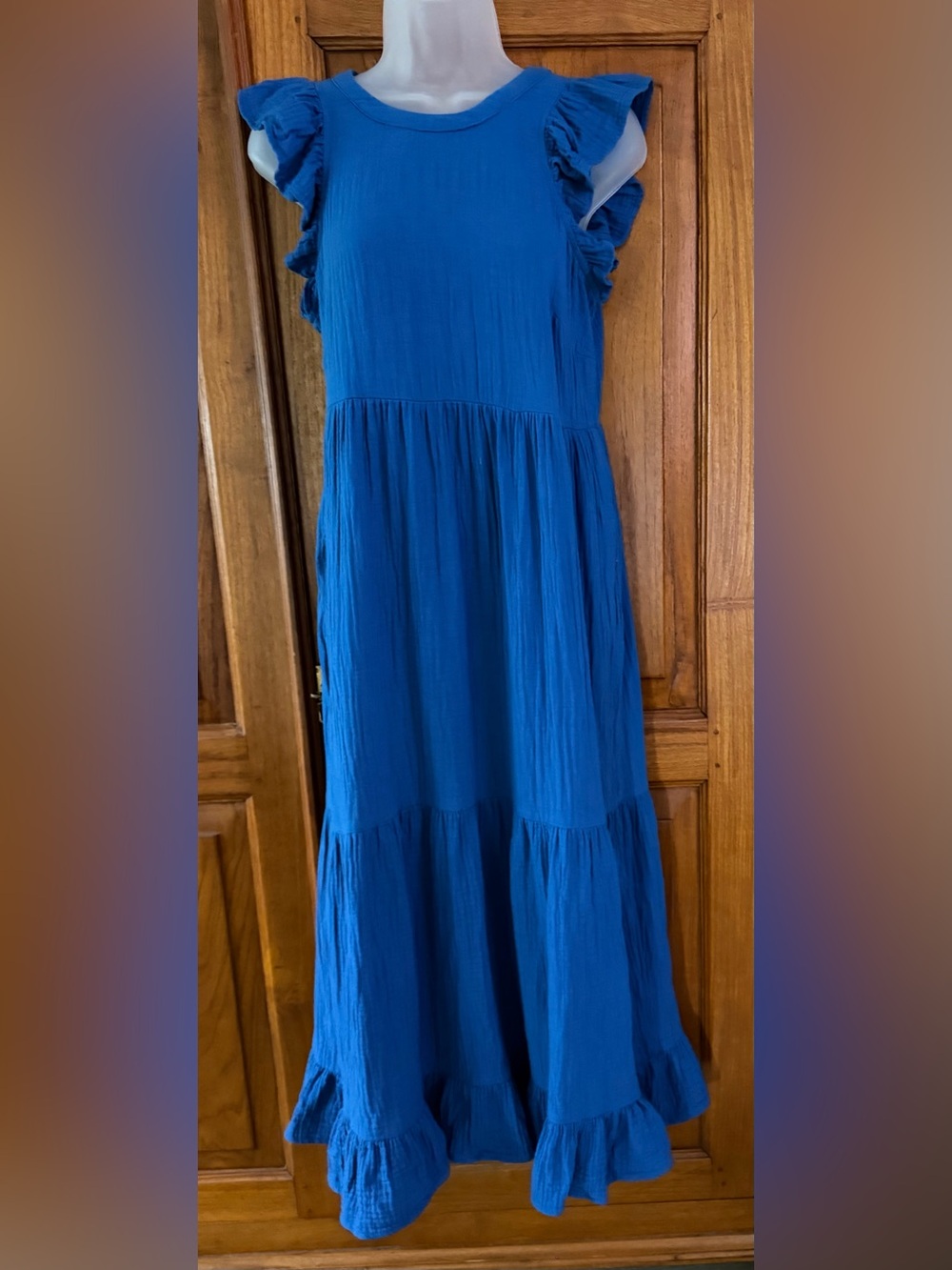 Blue Tiered Gauze Maxi Dress ruffled sleeve and pockets